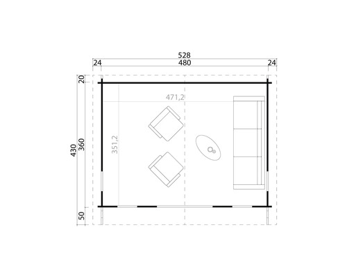 Grundrisszeichnung eines Gartenhauses mit Möbeln und Maßangaben