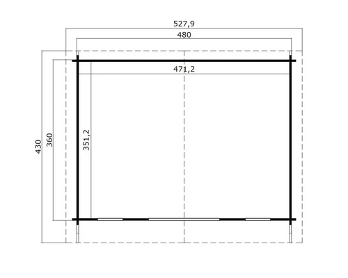 Grundrisszeichnung eines Gartenhauses mit Maßangaben