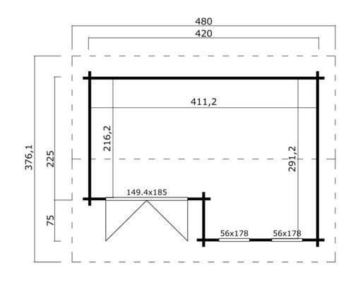 Grundrisszeichnung eines Gartenhauses mit Maßangaben
