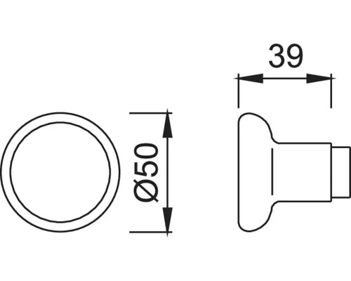 Technische Zeichnung eines Möbelknopfes mit den Maßen 50 Millimeter Durchmesser und 39 Millimeter Tiefe.