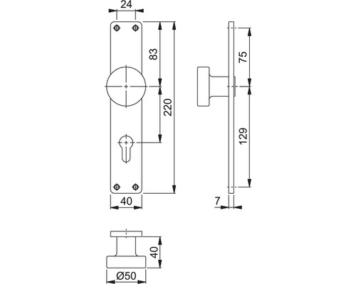 Technische Zeichnung eines Türbeschlags mit Maßangaben