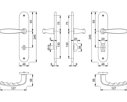 Schéma technique d''une poignée de porte avec indications de mesure
