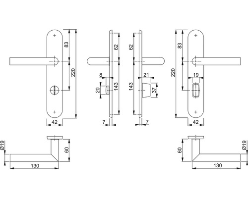 Schéma technique d''une poignée de porte avec les dimensions