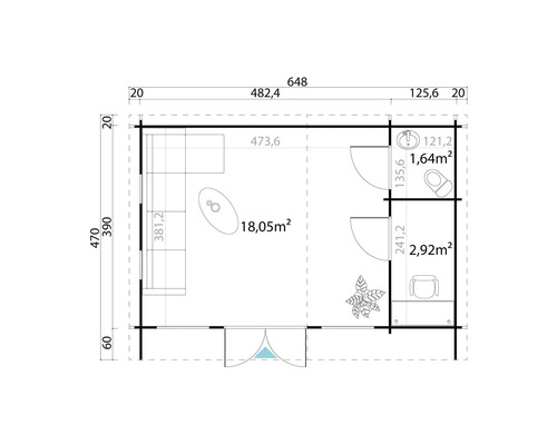 Grundrisszeichnung eines Gartenhauses mit Wohnbereich und Bad