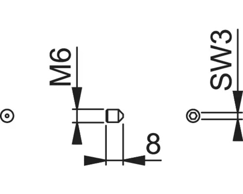 Technische Zeichnung einer Schraube mit den Maßen M6 und SW3, Länge 8