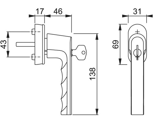 Technische Zeichnung eines abschließbaren Fenstergriffs mit Maßangaben