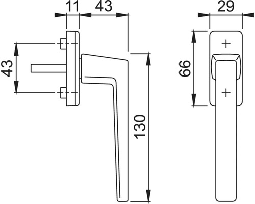 Technische Zeichnung eines Fenstergriffs mit Maßangaben