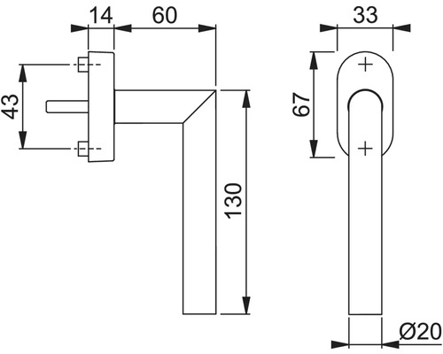 Schéma technique d''une poignée de porte avec indications de dimensions