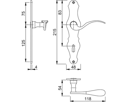 Schéma technique d''une poignée de porte avec dimensions