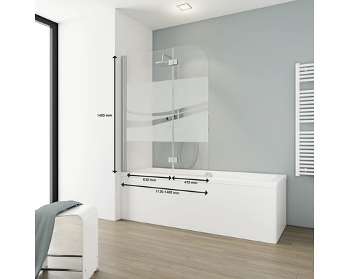 Baignoire avec pare-baignoire en verre et indications de dimensions