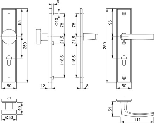 Technische Zeichnung eines Türbeschlags mit Maßen
