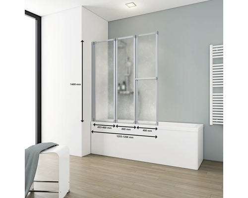 Pare-baignoire avec trois éléments et indications de dimension dans la salle de bain