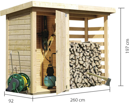 Abri à bois avec outils de jardin et bois de chauffage et indication des dimensions