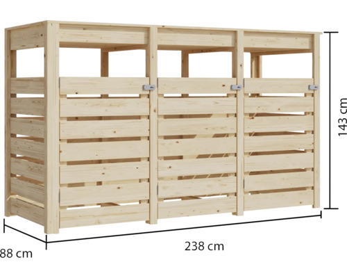 Holz Mülltonnenbox für drei Mülltonnen, mit Abmessungen