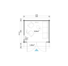 Grundrisszeichnung eines Gartenhauses mit Möbeln und Abmessungen