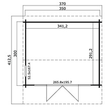 Grundrisszeichnung eines Gartenhauses mit Maßangaben