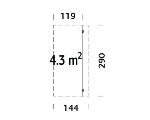 Grundriss mit einer Fläche von 4.3 Quadratmetern und den Maßen 119 mal 290 mal 144 Zentimeter.