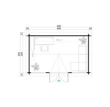 Grundrisszeichnung eines Gartenhauses mit Bemaßung