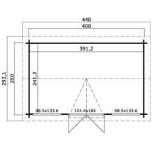 Grundrisszeichnung mit Maßangaben für ein Gartenhaus