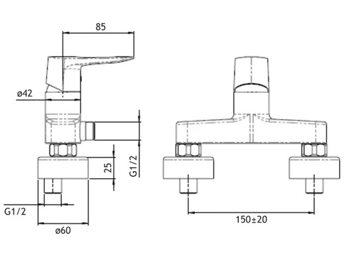 Technische Zeichnung einer Armatur mit Maßangaben
