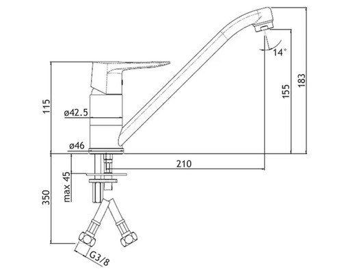 Technische Zeichnung einer Küchenarmatur mit Maßangaben