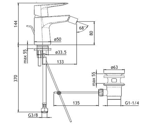 Technische Zeichnung einer Armatur mit Maßangaben