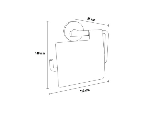 Technische Zeichnung eines Toilettenpapierhalters mit den Maßen 140 mm Höhe, 150 mm Breite und 55 mm Tiefe.