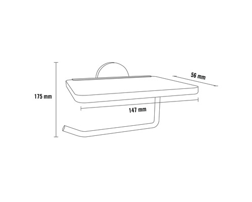 Technische Zeichnung eines Toilettenpapierhalters mit Ablage und Maßangaben