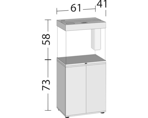 Abbildung eines Aquariums mit den Maßangaben 61, 41, 58 und 73 Zentimeter.