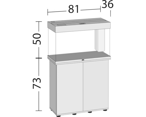 Aquariumkombination mit Schrank und Maßangaben