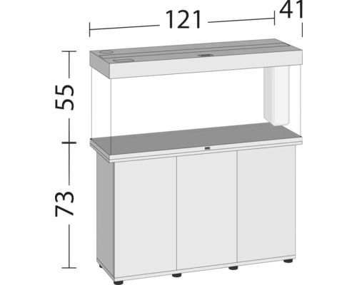 Aquarium mit Unterschrank, Abmessungen: 121 x 41 x 55 Zentimeter, Höhe Unterschrank: 73 Zentimeter.