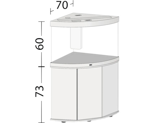 Eckaquarium mit Unterschrank und Maßangaben.