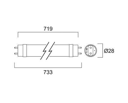 Diagramm einer Leuchtstoffröhre mit den Maßen 719 Millimeter und 733 Millimeter Länge sowie 28 Millimeter Durchmesser