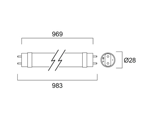 Technische Zeichnung einer Leuchtstofflampe mit Maßangaben