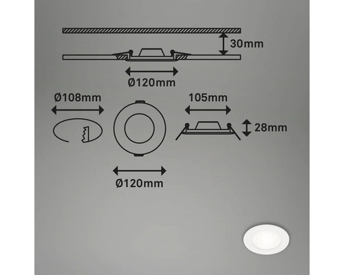 Spot à encastrer LED à intensité lumineuse variable IP44 6W 450 lm 3000 K  blanc chaud rond blanc Ø 115/100 mm 230V - HORNBACH Luxembourg