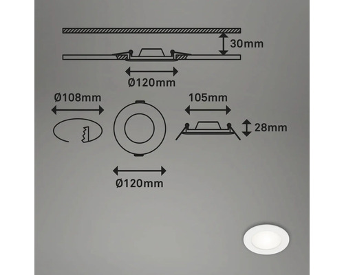 Schéma technique d''un spot encastrable rond avec indications de dimensions