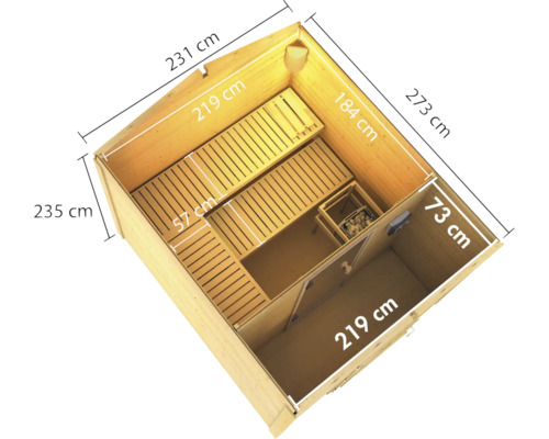 Innenansicht einer Holzsauna mit Bänken und Abmessungen