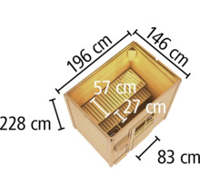 Vue de dessus d''un sauna en bois avec des dimensions de 228 x 196 x 146 x 83 centimètres et des dimensions intérieures de 57 x 27 centimètres
