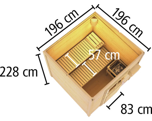 Sauna avec dimensions 196 cm, 228 cm et 83 cm