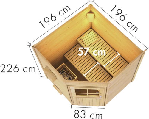 Innenansicht einer Ecksauna mit den Maßen 196 x 196 x 226 cm und einer Türbreite von 83 cm sowie Liegeflächen von 57 cm