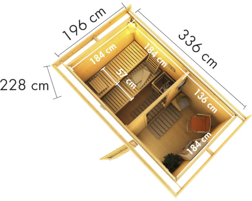 Draufsicht einer Gartensauna mit den Maßen 336 mal 196 mal 228 Zentimeter.