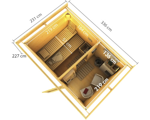Draufsicht einer Sauna mit Bemaßung der Länge und Breite