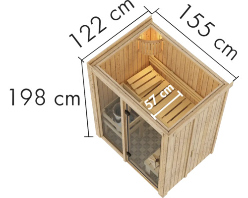Abmessungen einer Holzsauna: Höhe 198 cm, Breite 122 cm, Tiefe 155 cm, Sitzbreite 57 cm