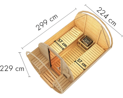 Illustration d''un sauna en tonneau de bois avec des dimensions de 299 cm de long, 224 cm de large et 229 cm de haut.