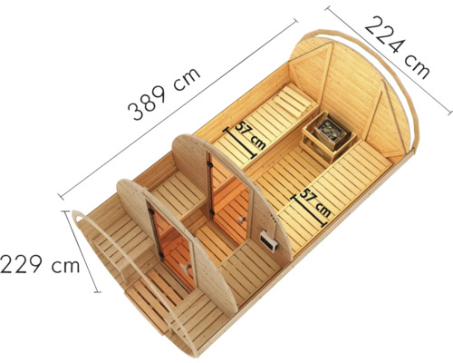 Draufsicht der Fasssauna mit Maßangaben