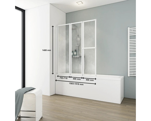 Pare-baignoire à trois éléments avec dimensions sur la baignoire