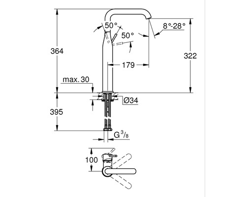 Schéma technique d''un robinet avec indication des dimensions