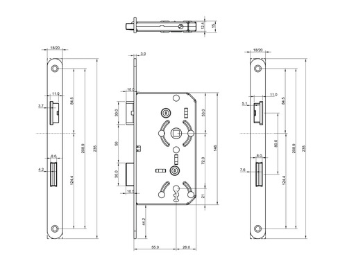 Schéma technique d''une serrure à mortaiser avec dimensions