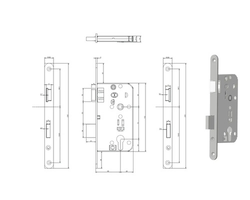 Dessin technique d''une serrure à mortaise avec dimensions