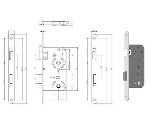 Dessin technique d''une serrure à mortaiser avec indication des dimensions